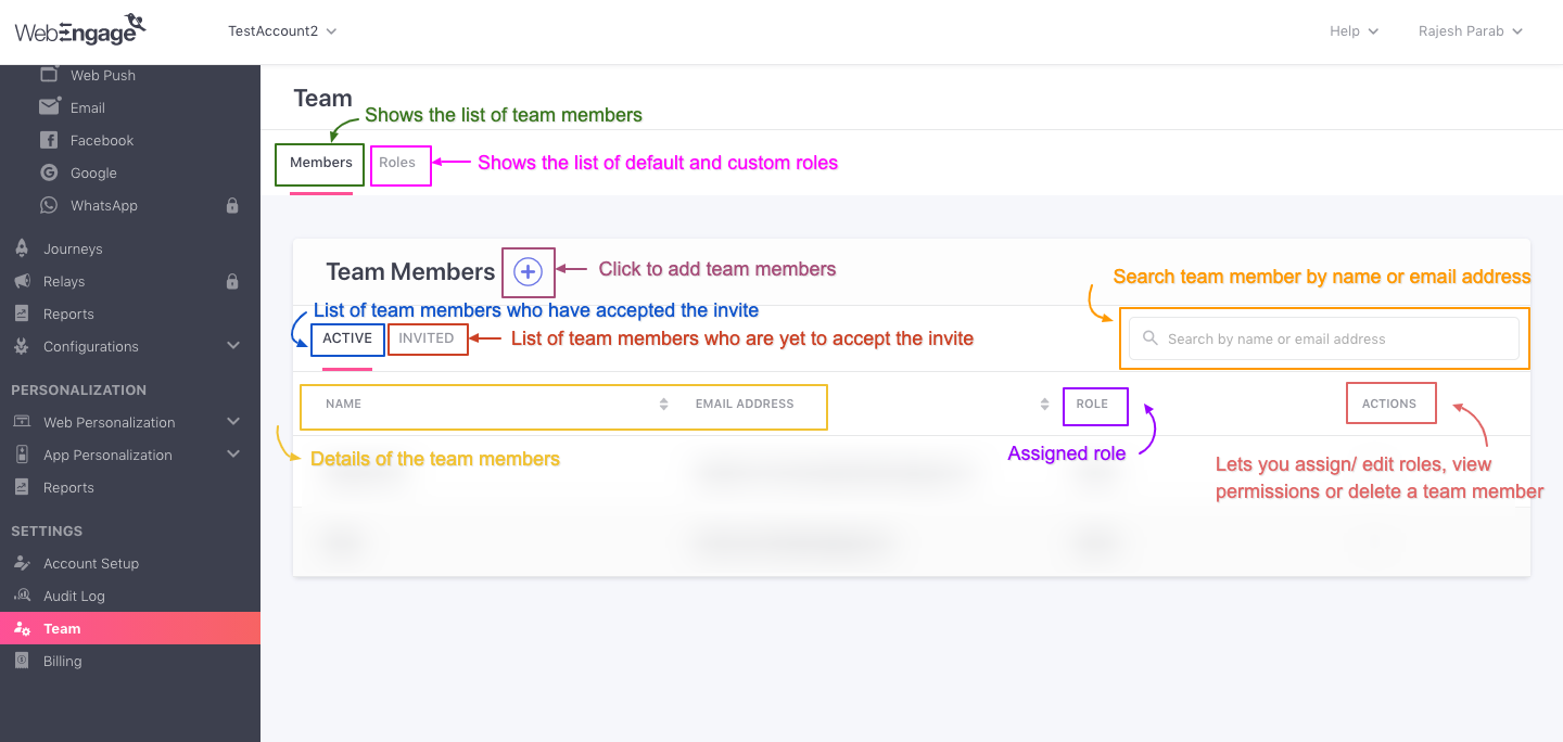 RBAC 'Team' Dashboard Overview | WebEngage